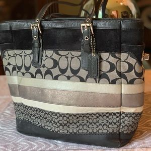 Black silver leather Coach handbag with suede